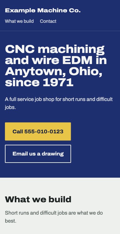 The new website on a phone, with the call button within thumb reach