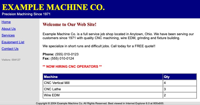 An old website with a navy banner, a grey sidebar menu, a visitor counter and a table of machines